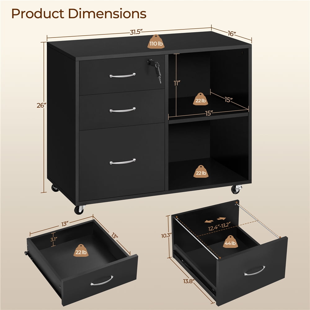 Yaheetech 3-Drawer Wooden Vintage File Cabinet with Wheels for Home and Office, Black