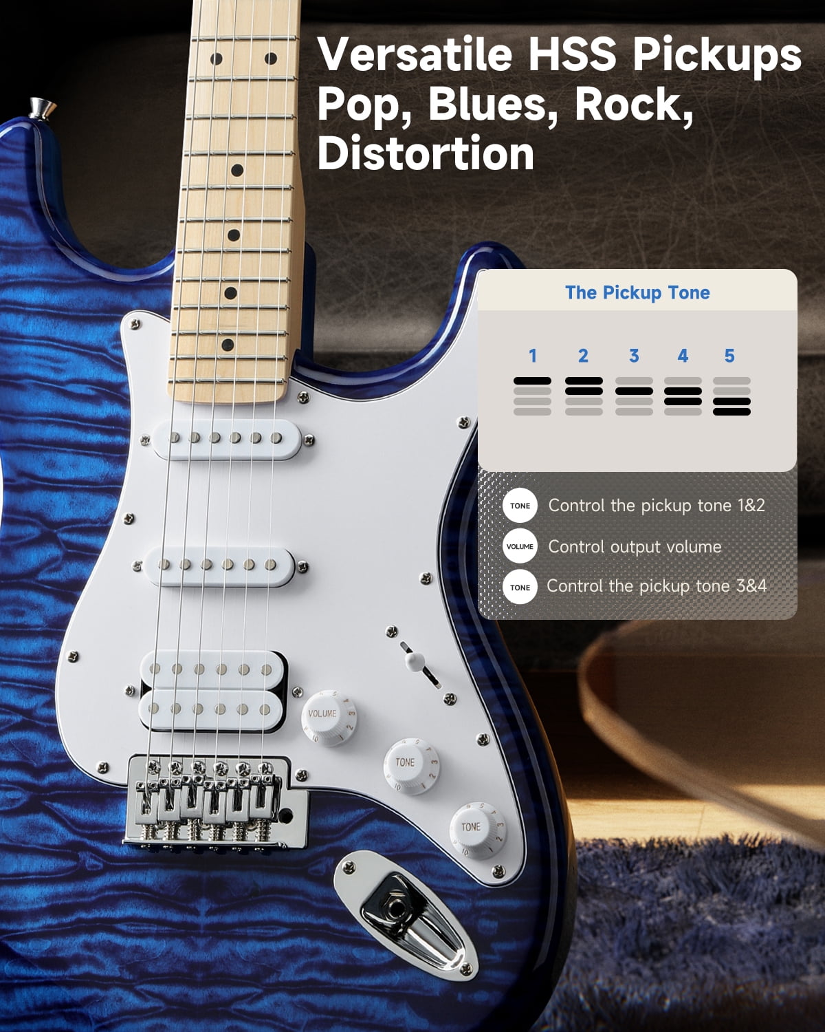 Donner DST-95 Electric Guitar Kit, 39" Beginner Solid Body Starter Set, with Amplifier, Bag, Capo, Strap, String, Tuner, Cable, Picks, Blue
