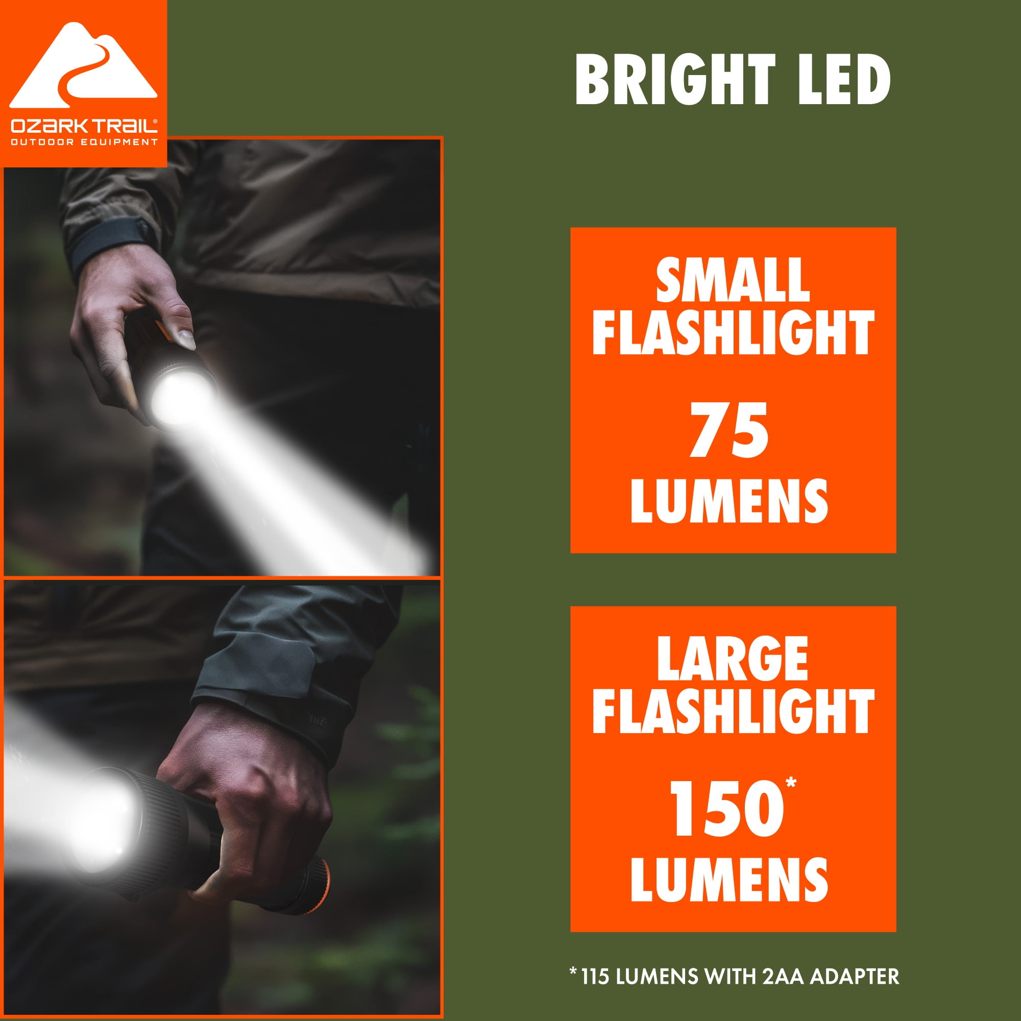 Ozark Trail Industrial LED Flashlights, 3 Pack, 1 Large Flashlight (150 Lumens) and 2 Small Flashlights (65 Lumens)