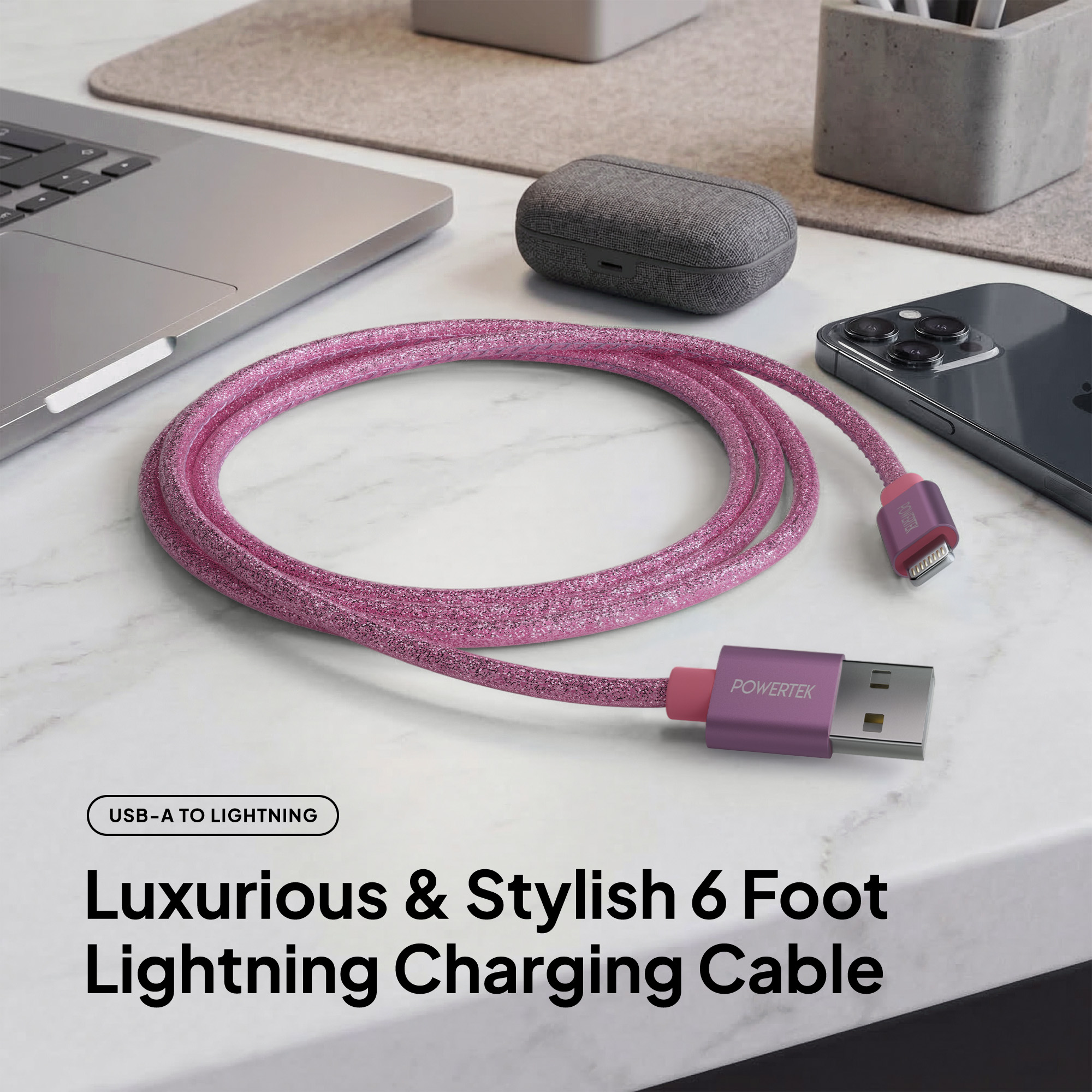 Powertek USB-A to Lightning Cable, 6ft, Pink Glitter photo 2
