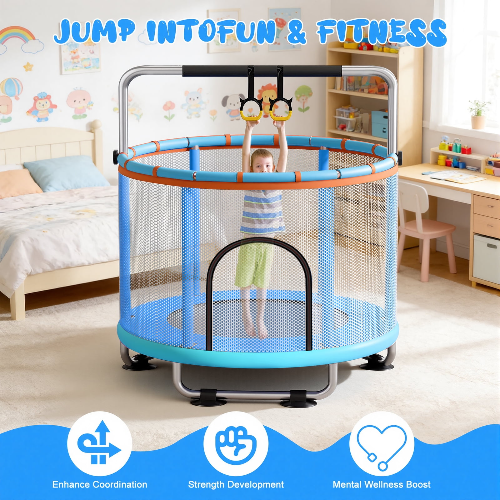 55" Kids Trampoline with Adjustable Gymnastics Bar , 600 LBS Capacity, Safety Enclosure Net & Fun Toys – For Indoor and Outdoor Play
