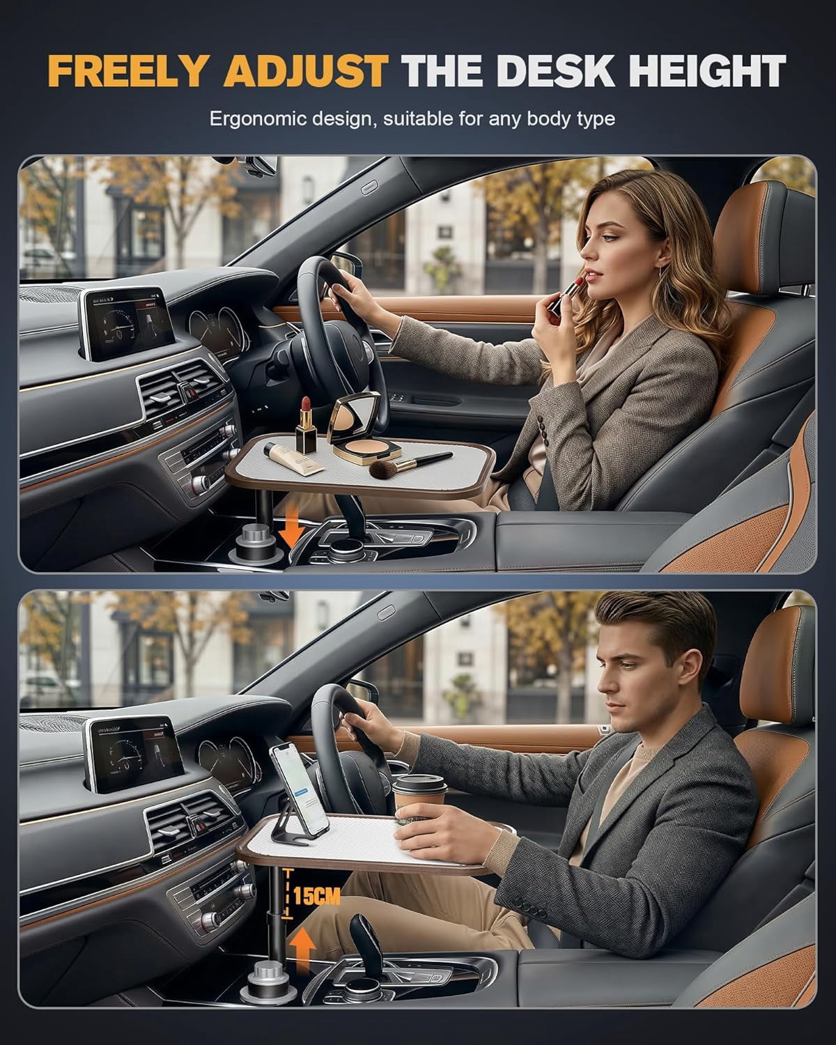 Car Desk for Laptop, Car Table & Car Tray with 360° Rotating Cup Holder, Adjustable Height Car Food Tray, As Car Table Tray or Car Seat Tray, Compatible with Tesla Model 3/Y/S, Ford / Most Vehicles