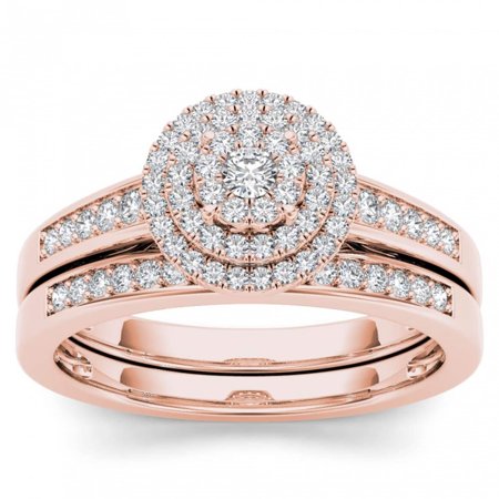 Pink Topaz Cluster - 14k Rose Gold 1/3ct TDW Diamond Cluster Halo Bridal Set - Pink