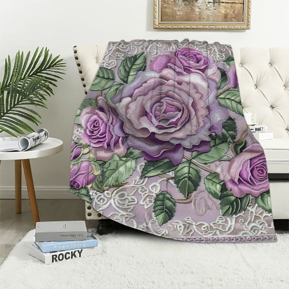 Pratyus Purple Rose Lace Border Pink Flowers Print Throw Blanket Soft Cozy Flannel Material All Seasons Gifts for Couch Bed Sofa - Pack of 1 40x50in