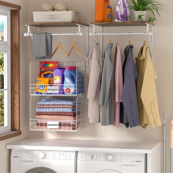 2 Set Laundry Room Wall Mounted Shelves with Wire Storage Baskets, Over Washer Dryer Hanging Rods Hooks for Organization Storage White Wooden