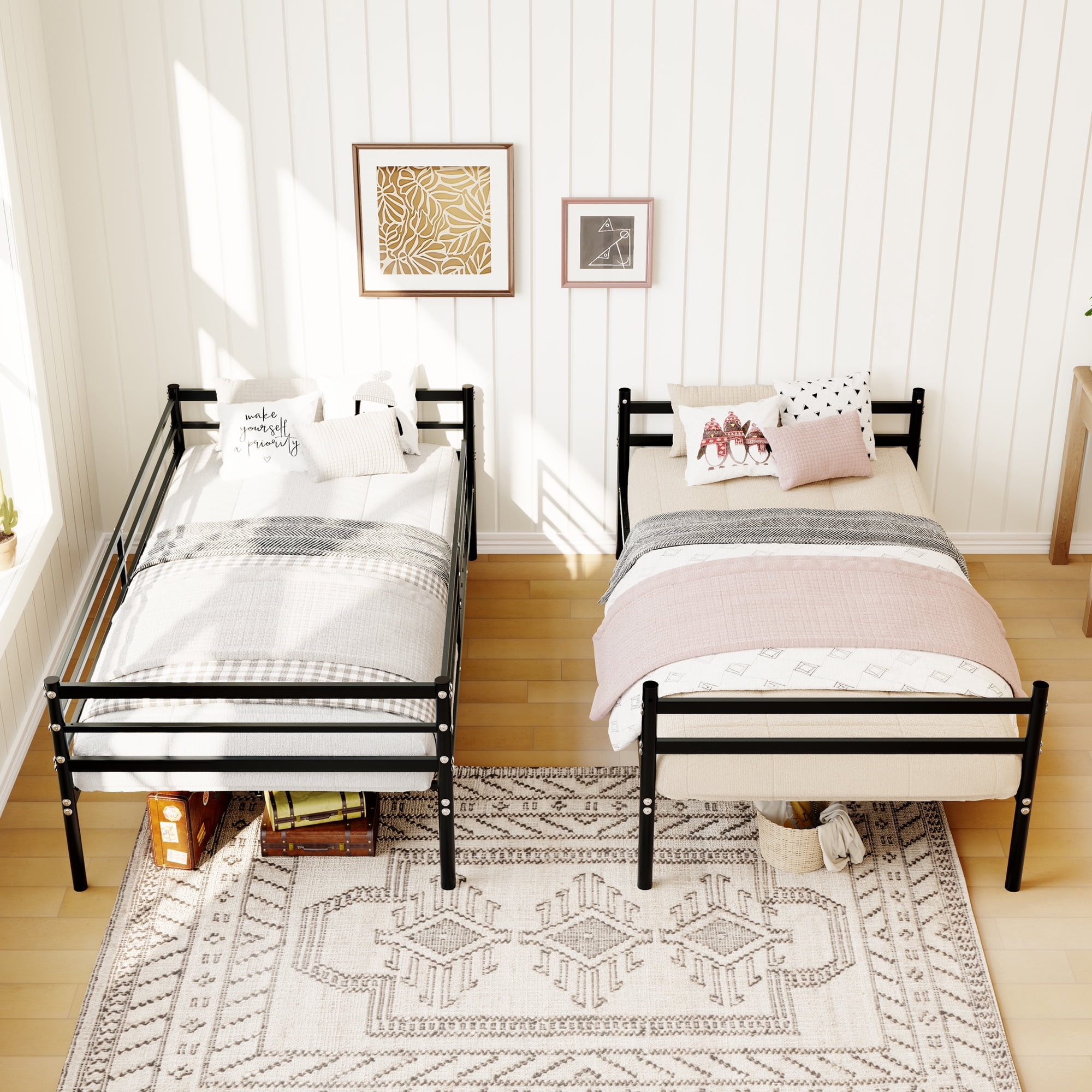 Twin Over Twin Metal Bunk Bed with High Guardrail & Ladder, Noise Free with Storage Space