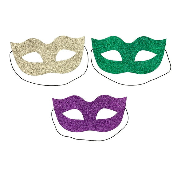 Fun Express 7 1/2" x 3 3/4" Green, Gold & Purple Glitter Felt Mardi Gras Masks - 12 Pc.