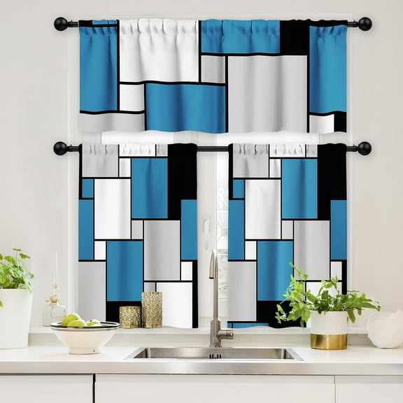Kitchen Curtains and Valances Set 3 Piece Curtains 36 Inch Length Blue Grey Modern Geometric Art Window Treatment Tiers for Bathroom, Abstract Small Cafe Curtains for Living Room, Blue