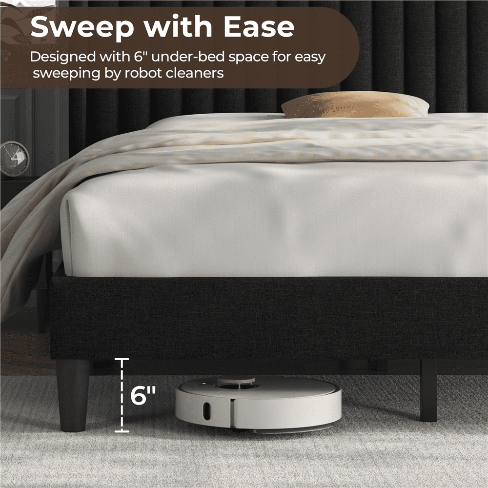 Renwick Upholstered Platform Bed Frame with Wing Side and Channel Tufted Headboard, Queen, Black