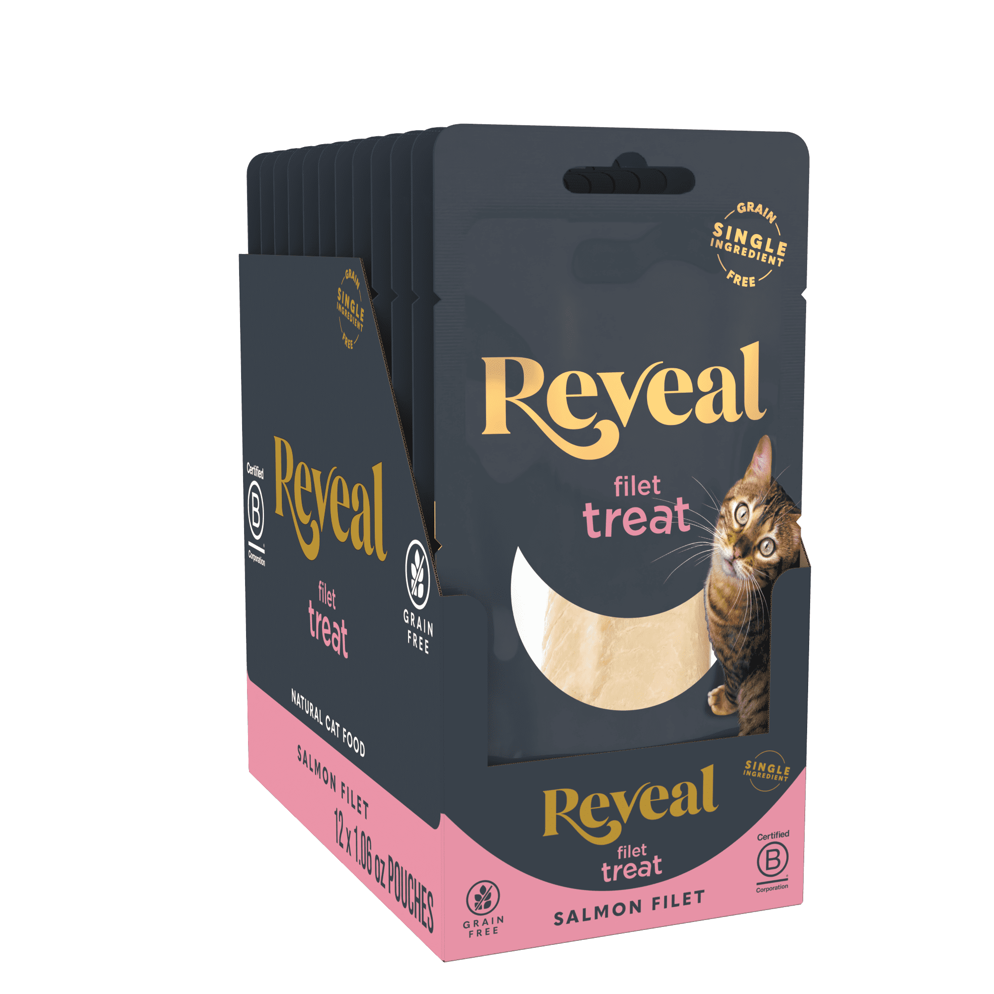 Reveal Pet Food Whole Salmon Loin Cat Treat, Natural Grain Free Wet Food, 12 Ct 1.06 oz Pouches