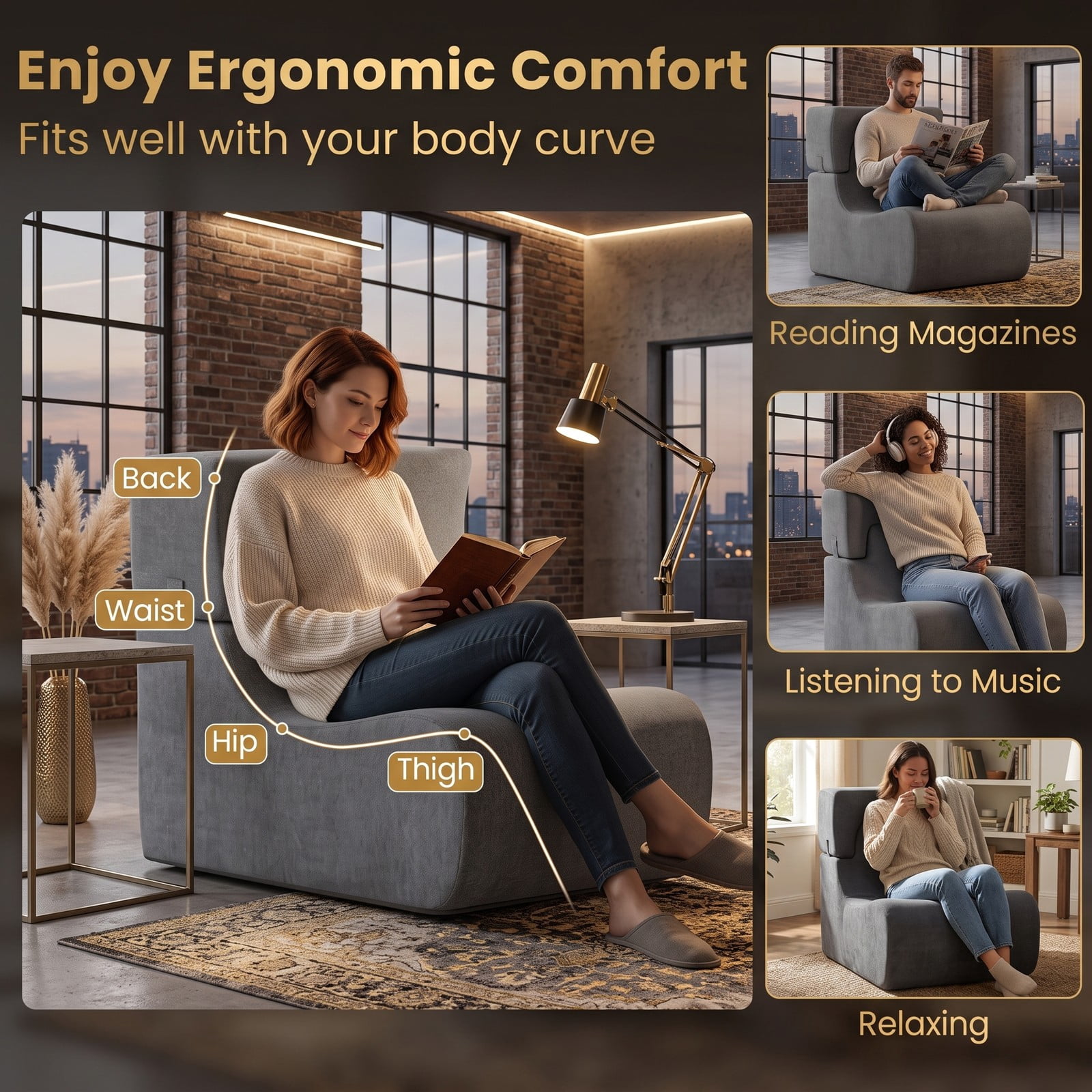 Furnibear Floor Chair Lazy Sofa with Detachable Headrest, Adjustable Padded Floor Gaming Sofa Chair, Foldable Ice Velvet Meditation Reading Seat for Living Room, Gray