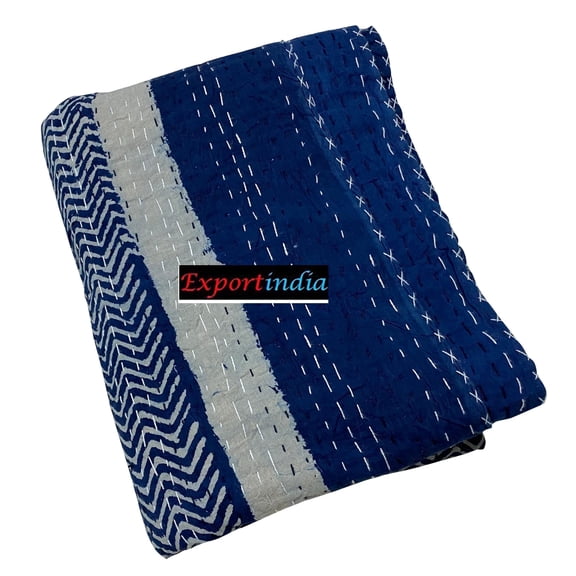 Silkgram Indian Indigo Blue Kantha Hand Block Print 100% Cotton Quilt Rare Indigo Kantha Bedcover
