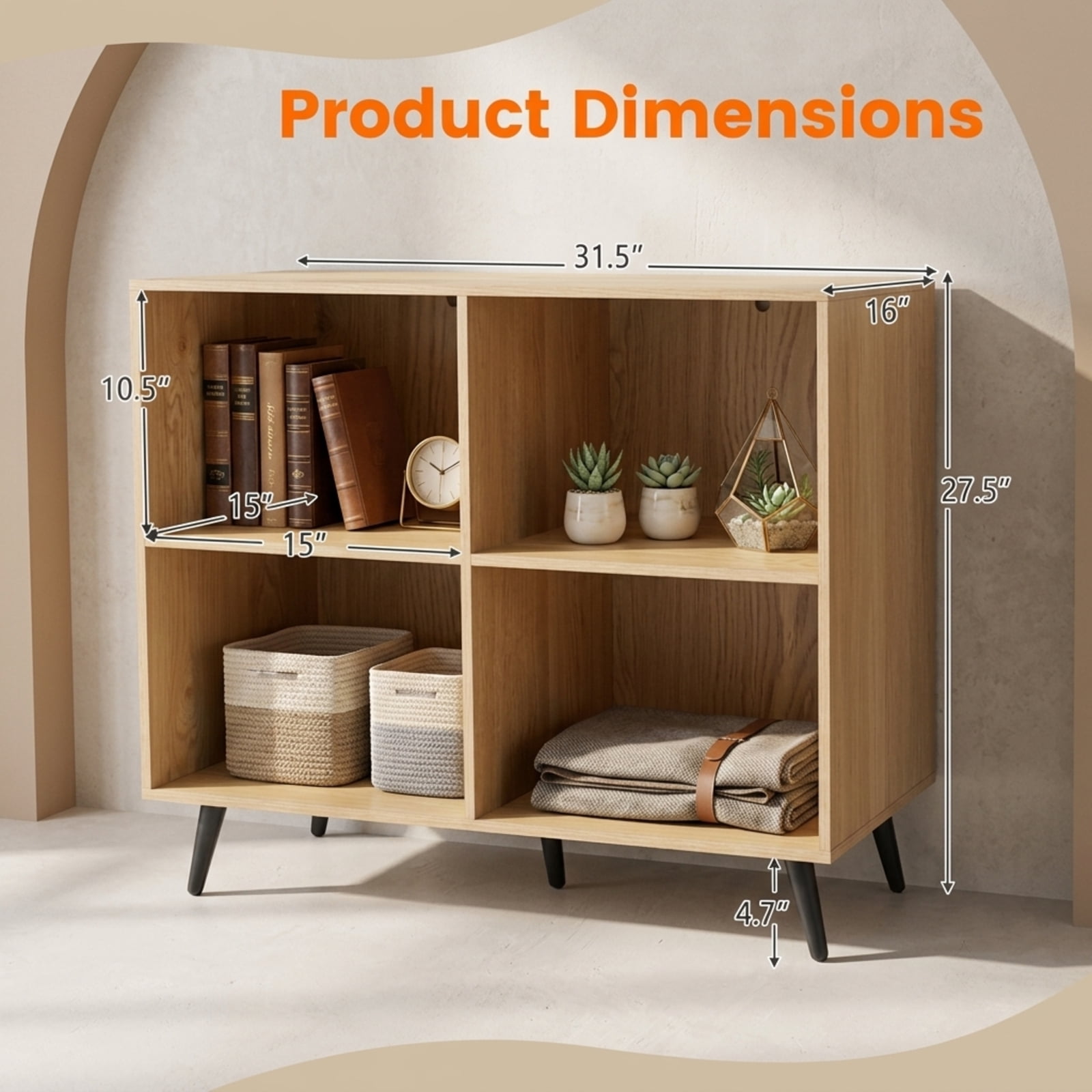Furnibear 4-Cube Wooden Bookshelf, Freestanding Storage Bookcase with 5 Metal Legs and Enclosed Back for Living Room Home Office, Natural