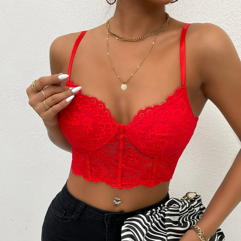 RYRJJ On Clearance Corset Tops for Women Summer Lace Bustier Tank Top Mesh  Sexy Vintage Spaghetti Strap Going Out Party Crop Tops(Red,L)