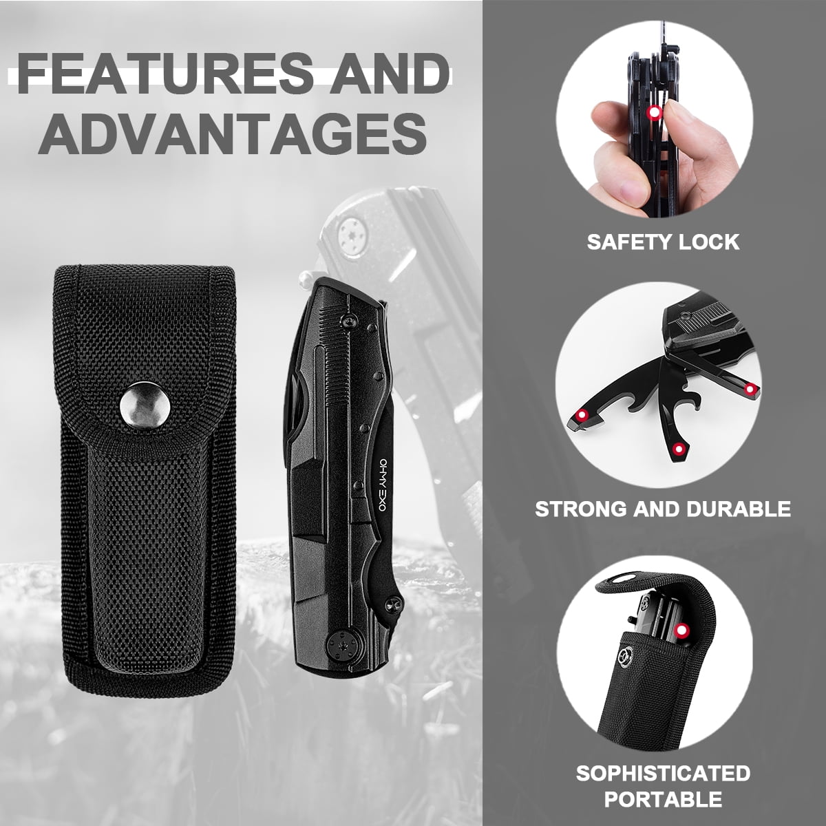 OHMY EXO_Multitool Pocket Folding Knife with Blade, Pliers, Wire Cutter, Bottle Opener, Screwdriver, Perfect Survival Knife Tool for Outdoor, Emergency, Durable Sheath, Unique Gifts for Men