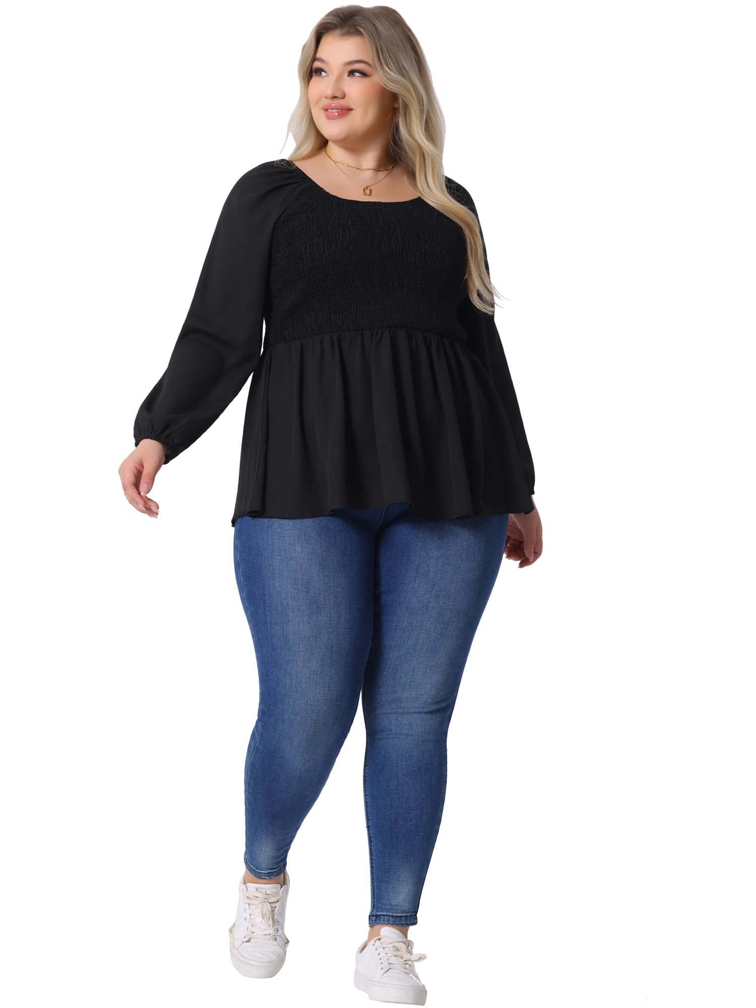 DARING DIVA Women's Plus Smocked Peplum Crew Neck Chiffon Top 4X Black