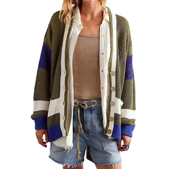 Womens V Neck Cardigan Sweaters Color Block Button Oversized Long Sleeve Open Front Knit Sweater Coats Olive Green S