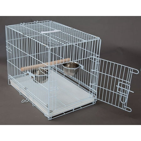 Mcage 24" Large Metal Portable Bird Parrot Travel Cage with Wooden Stand Perch & Stainless Steel Dishes, White