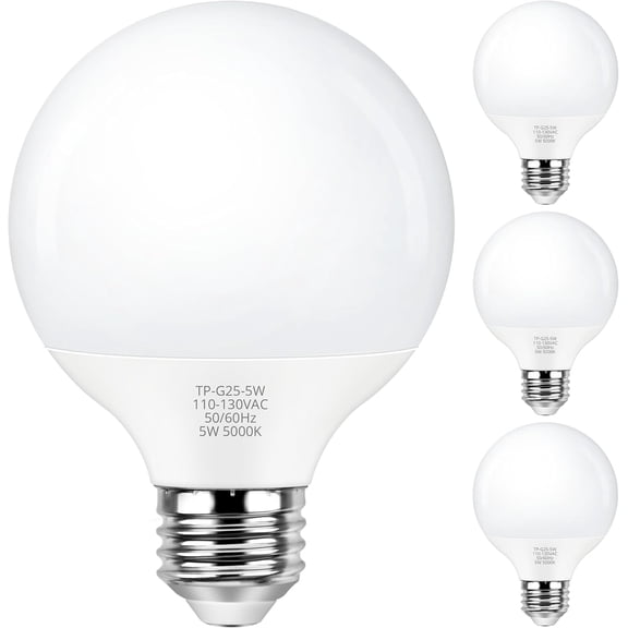 CERPXFF-G25 LED Globe Light Bulb 60W Equivalent, Daylight White 5000K E26 Base Round Vanity Light Bulbs for Bathroom Makeup Mirror, Non-Dimmable 4-Pack