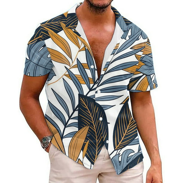 Camisas de Manga Larga para Hombres, Cómoda Impresión de Manga Corta Blusa de Cuello Redondo Hecha de Poliéster Ligero para el Verano, Camisas de Verano para Hombre