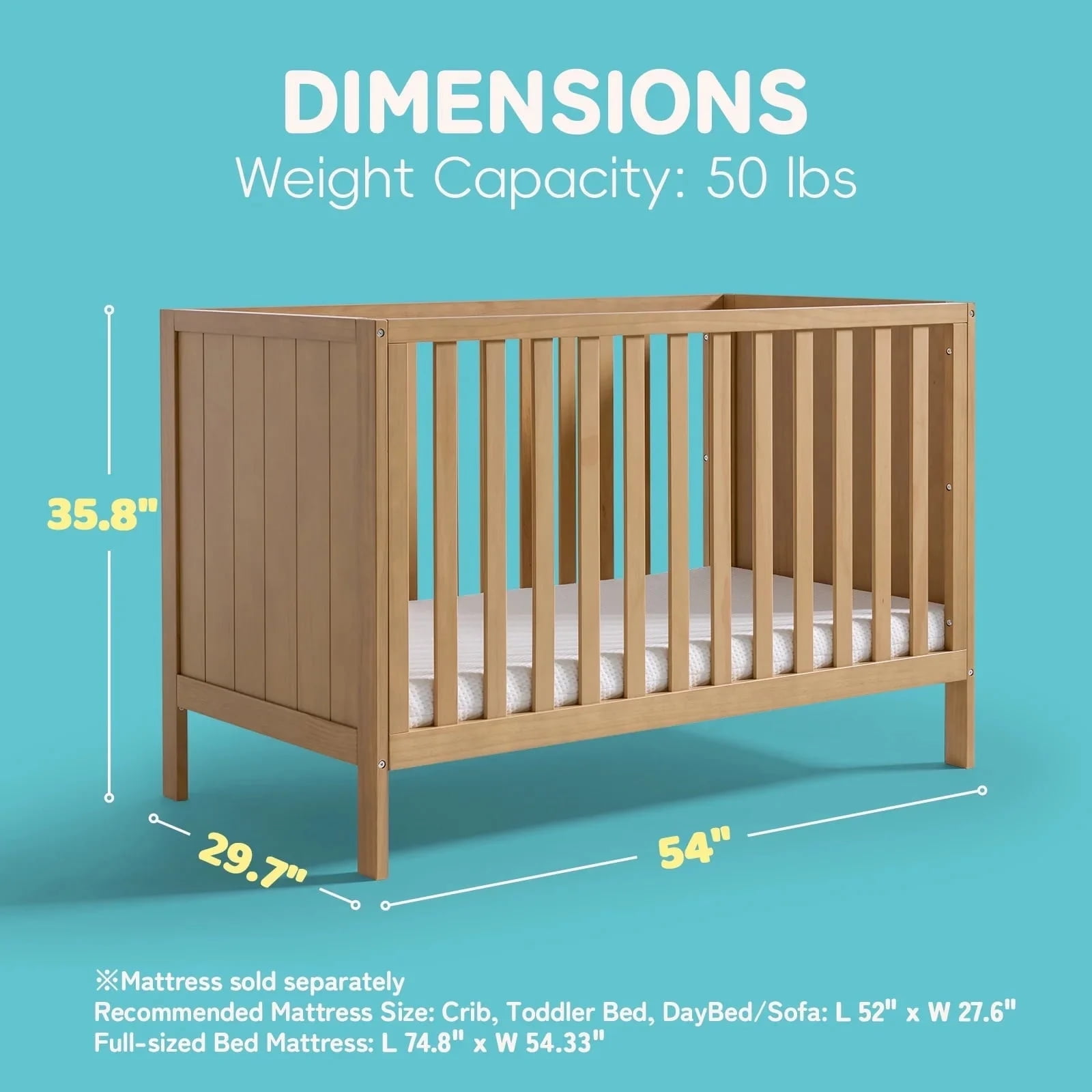 HARPPA 5-in-1 Convertible Baby Crib for Infant to Toddler, Natural Wood,Greenguard Gold Certified