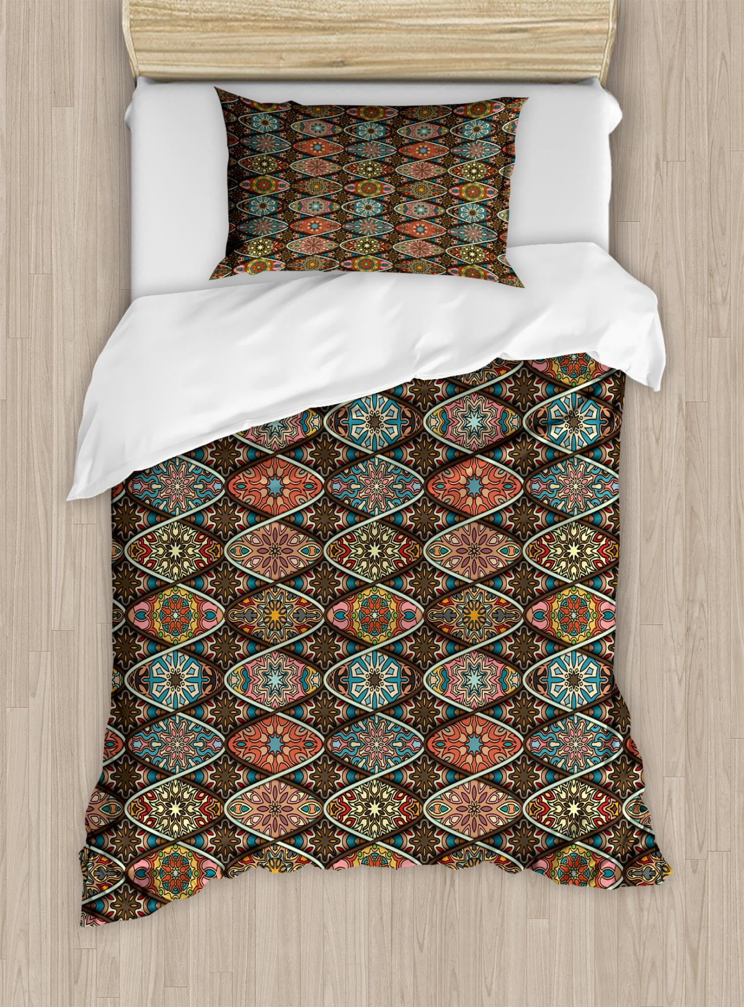Mandala Duvet Cover Set Elliptic Shapes With Flowers Mandala Duvet Cover Set Elliptic Shapes With Flowers Eastern Culture Elements Folk Henna Motifs Decorative Bedding Pillow Shams