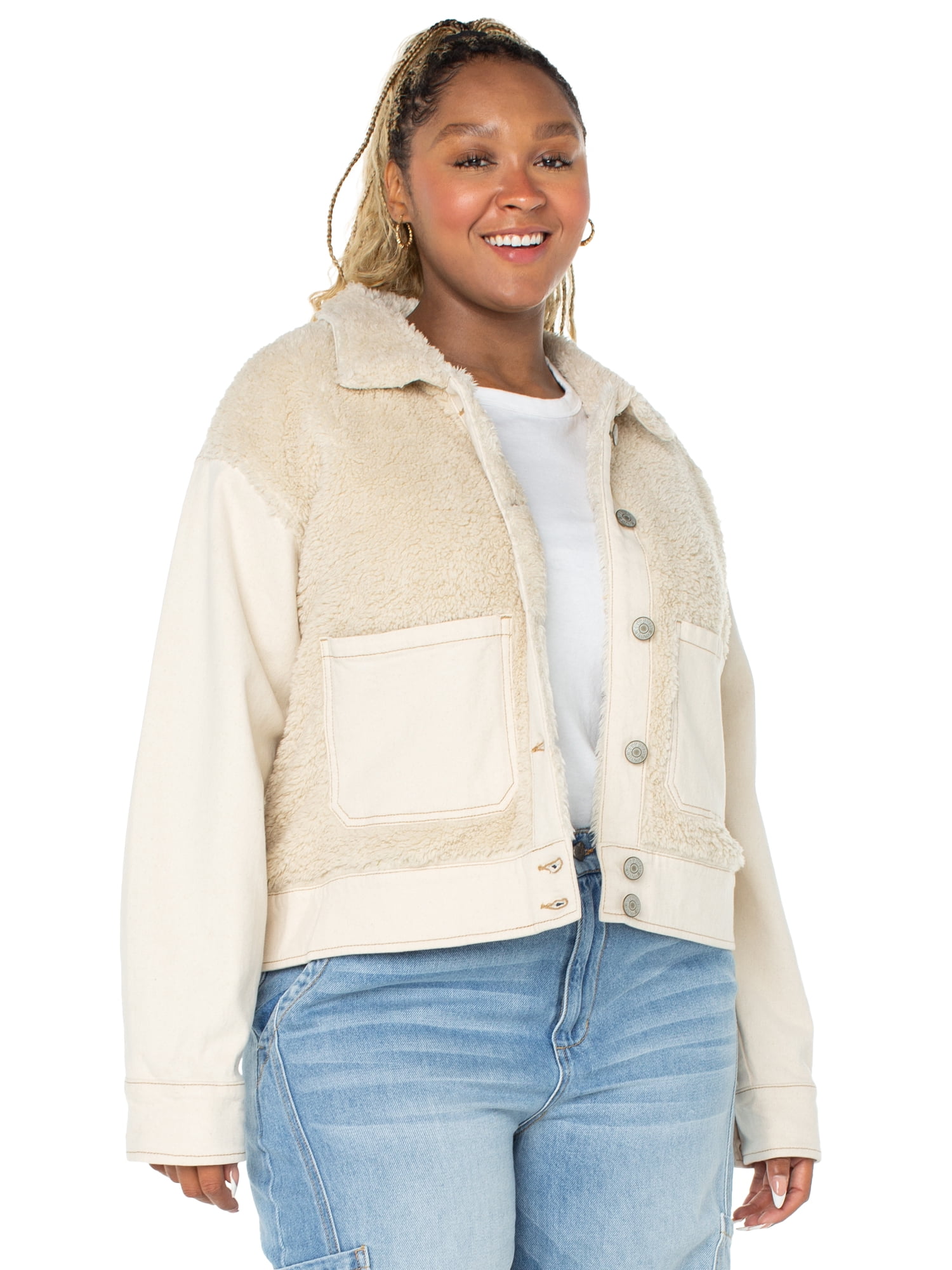 Celebrity Pink Women's and Women's Plus Faux Shearling Denim Jacket, Sizes XS-4X