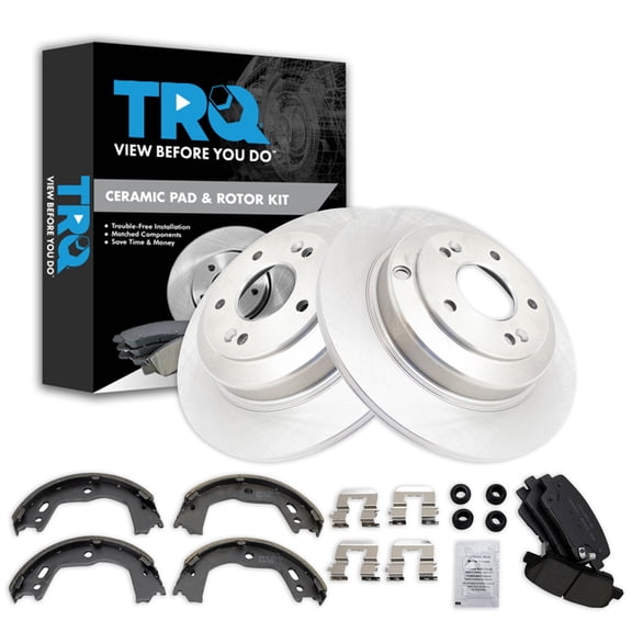 TRQ Rear Brake Pad & Rotor Kit Brake Pads Brake Rotor Parking Brake Shoe Set Ceramic Fits Select 2010-2014 Hyundai Genesis Coupe