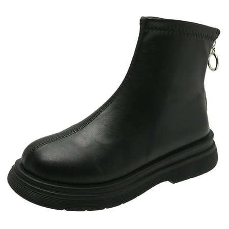 

TAIAOJING Boots For Women Fashion Artificial Leather Solid Color Autumn Thick Sole Flat Zipper Mid Booties Square Toe Casual Shoes