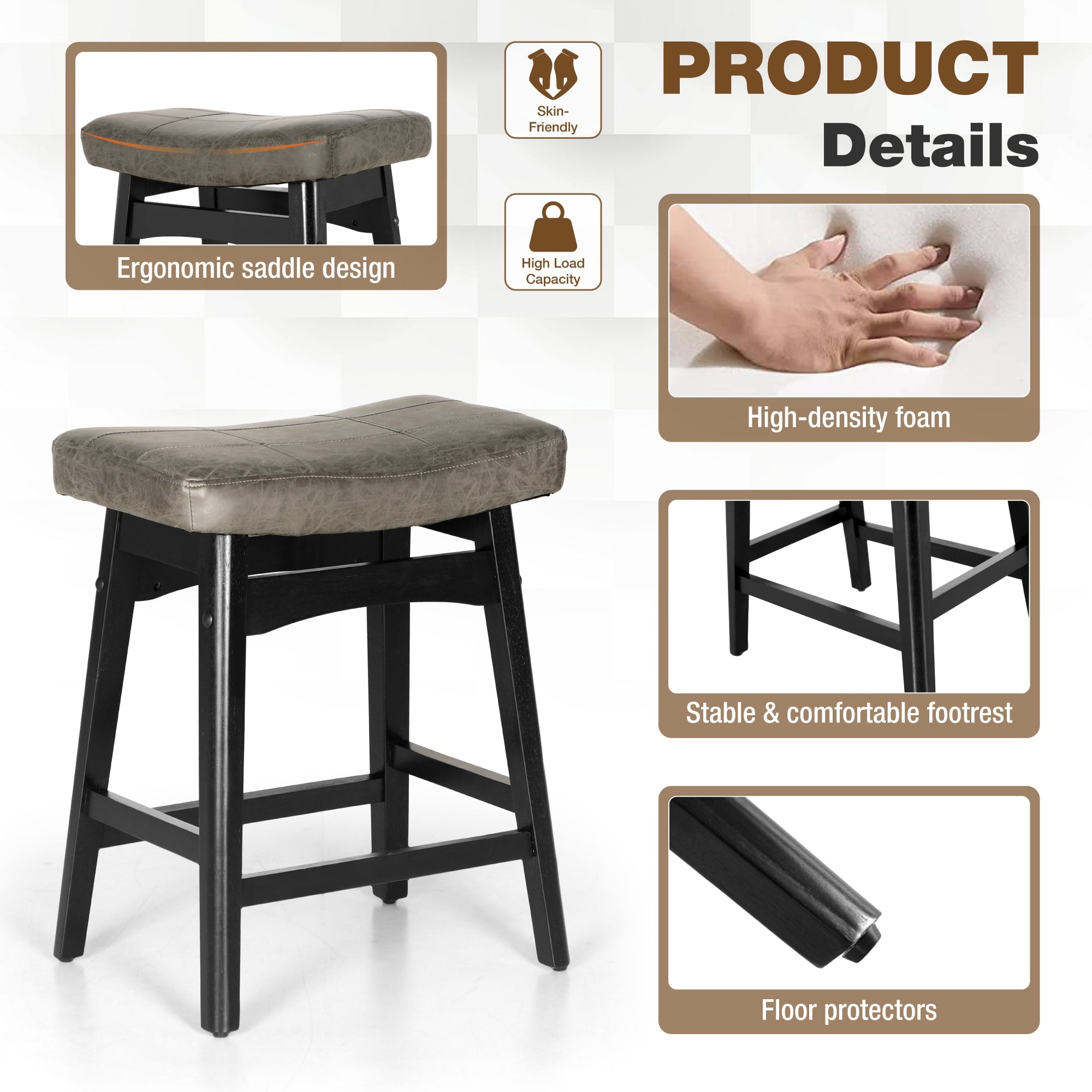 Summit Living 24 inch Wooden Backless Saddle Kitchen Stools Set of 4, Faux Leather Counter Height Stool Chairs, Gray