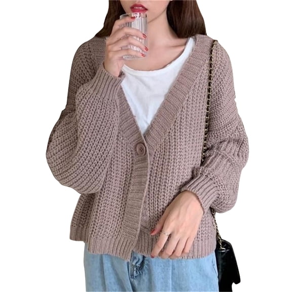 Women Loose Open Front Cardigan Fashion Sleeve Crop Top Long Sleeve V-Neck Button Down Cropped Cardigan Sweater Coat