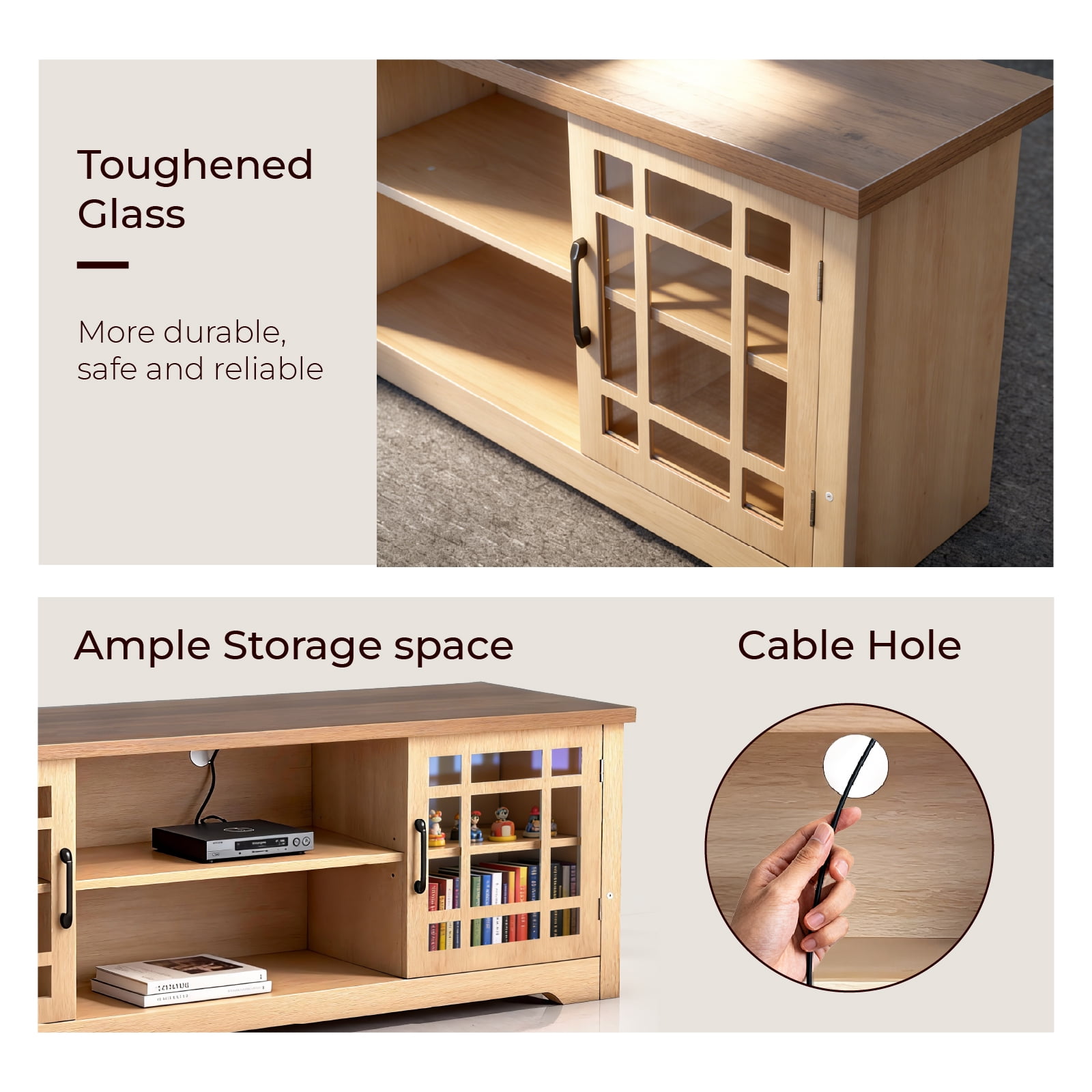 Ktaxon Farmhouse TV Stand with 2 Glass Door, Mid-Century Wood Storage Media Cabinet Entertainment Center for TVs up to 65", Wood and Brown Top