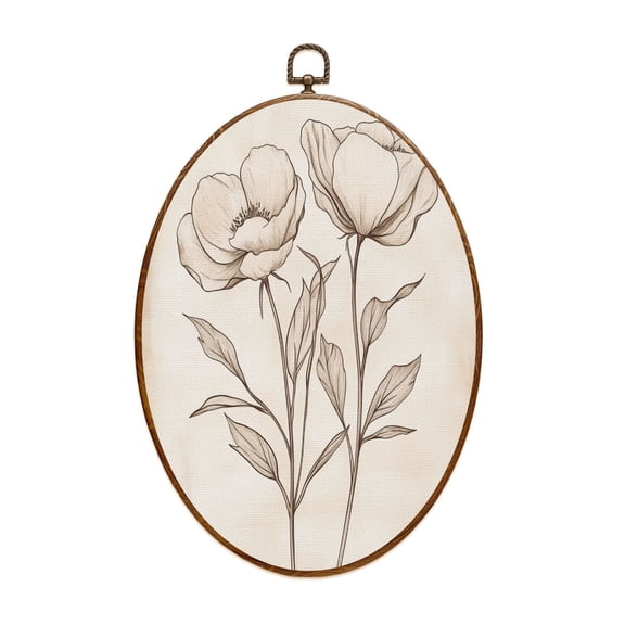 Canvas Wall Art Boho Rustic Vintage Farmhouse Brown Flowers Leaves Stems Botanical Oval Framed Canvas Prints Vintage Wall Hanging Decor for Home Office Nursery Family Gift 8.6"x11.4"