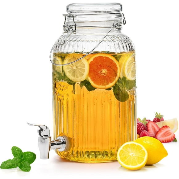 1 Gallon Glass Drink Dispenser with Lid and Spigot - Wide Mouth, Leak Proof Juice Pitcher- Vintage Beverage Dispenser for Party, Wedding, Picnic