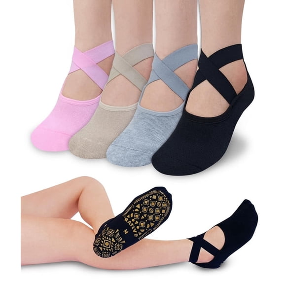 RATIVE X-Cross Anti Slip Non Skid Barre Yoga Pilates Hospital Socks with grips for Adults Men Women (Small, 4-pairs/Solid Assorted)