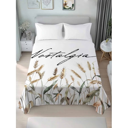 Pastoral Botanical King Size Flat Sheet, Wrinkleproof & Fadeproof Cooling Flat Bed Sheet Only, Vintage Fall Wheat Autumn Botanical Breathable Soft Bedding Top Sheets 105 x 98 Inches