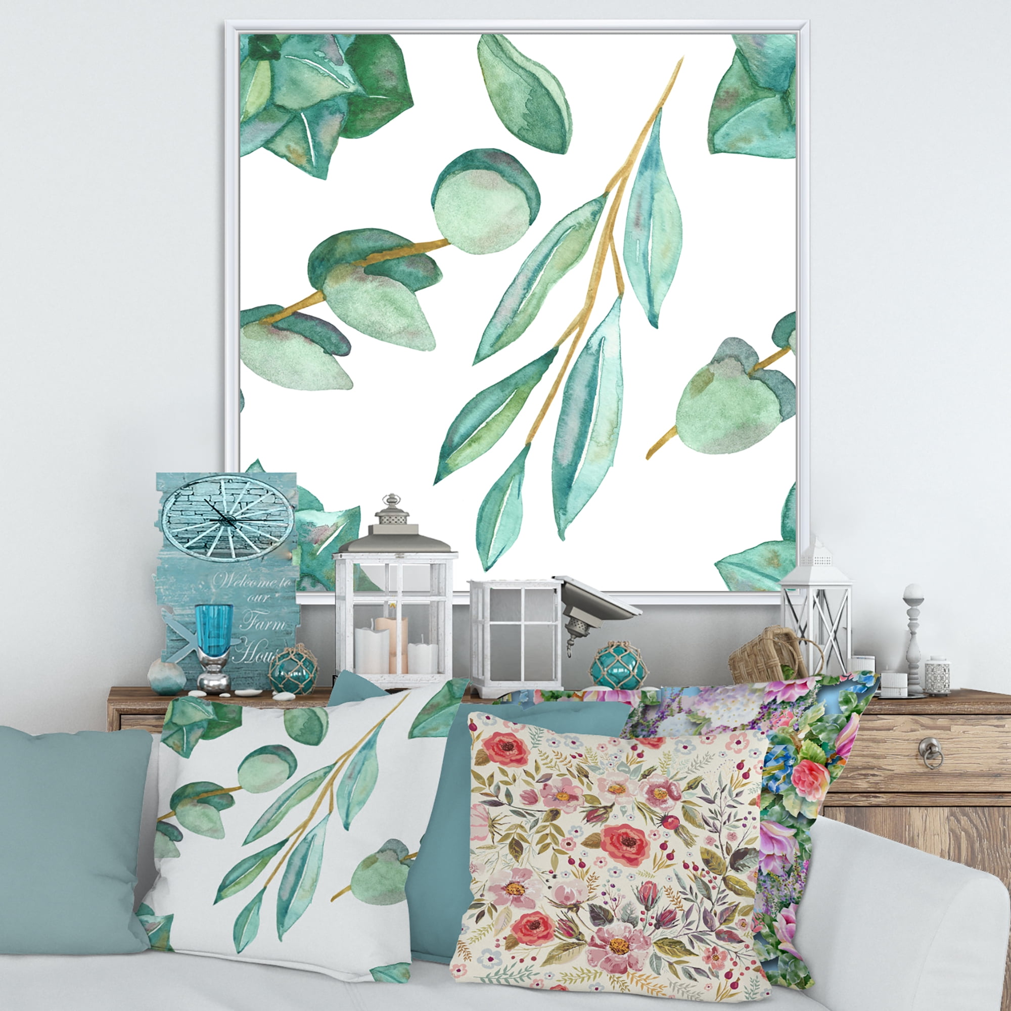 Young Eucalyptus Branches and Leaves III 16 in x 16 in Framed Painting Canvas Art Print, by Designart