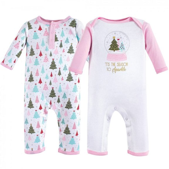 Hudson Baby Infant Girl Cotton Coveralls 2pk, Sparkle Trees, 0-3 Months