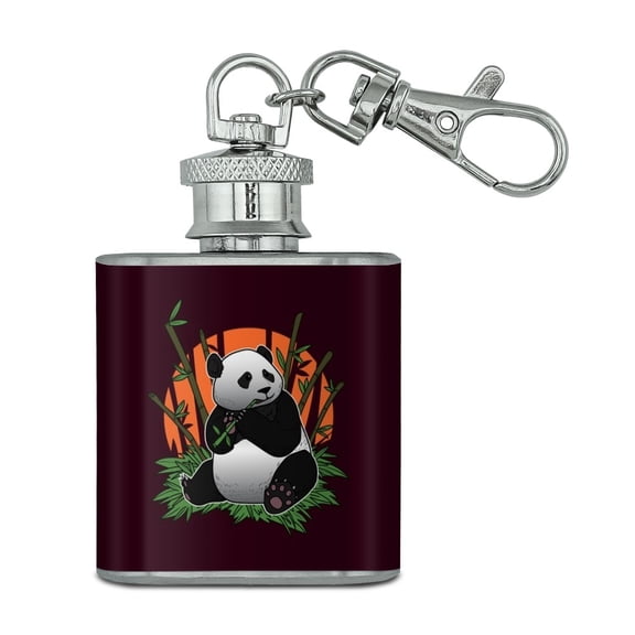 Giant Panda Bear Eating Bamboo Stainless Steel 1oz Mini Flask Key Chain