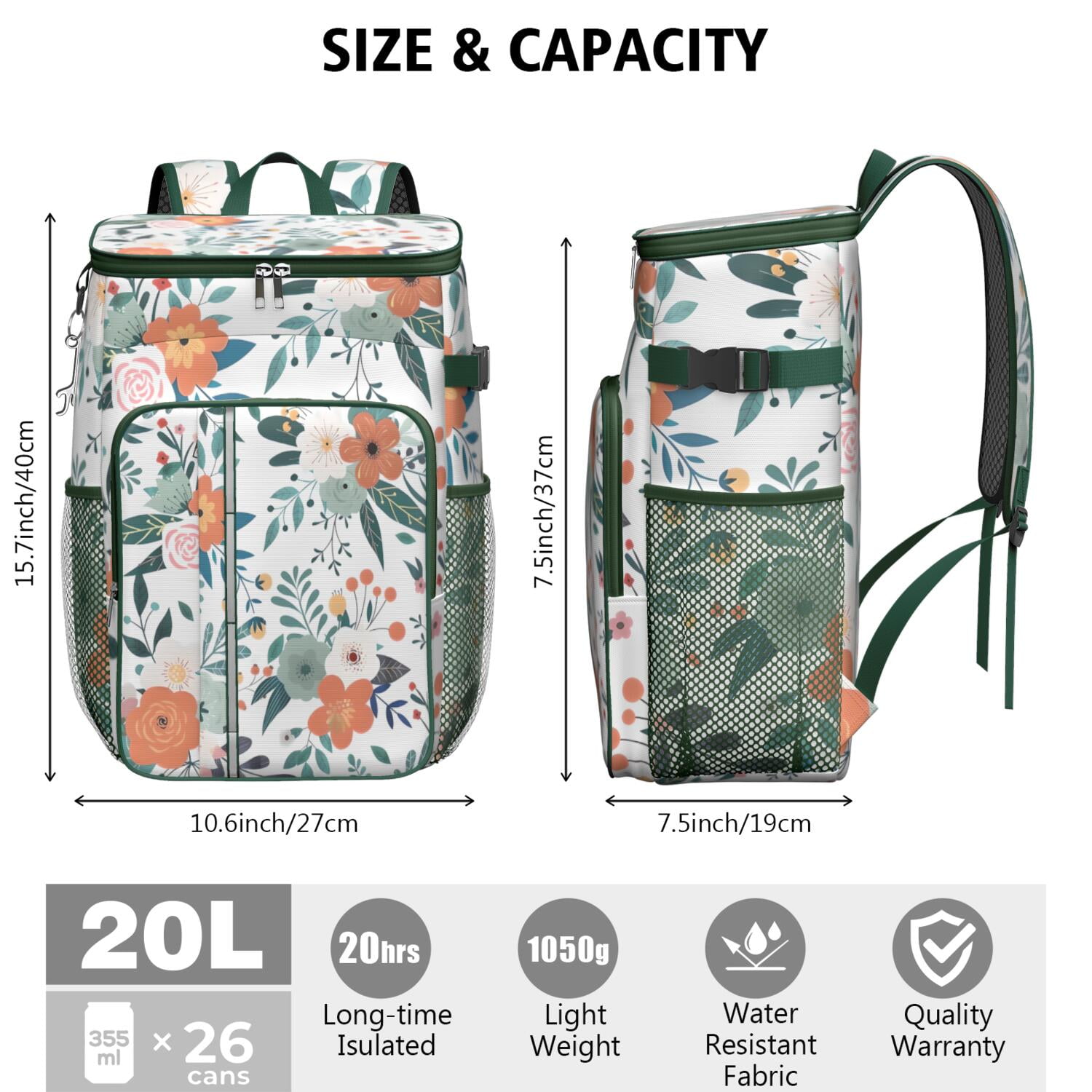 Travel Cooler Bag - Pioneer Flower Floral Print Pattern Camping Beer Cooler Backpack with Bottle Opener- Waterproof Insulated Picnic Backpacks - Cooler Bag for Beach