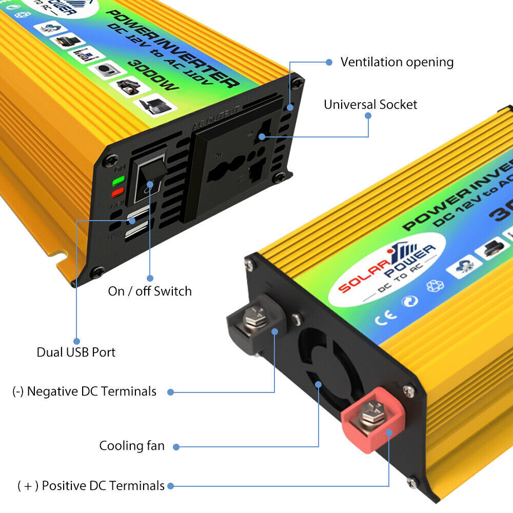 3000W Car Power Inverter DC 12V To AC 110V Sine Wave Solar Converter Dual USB US