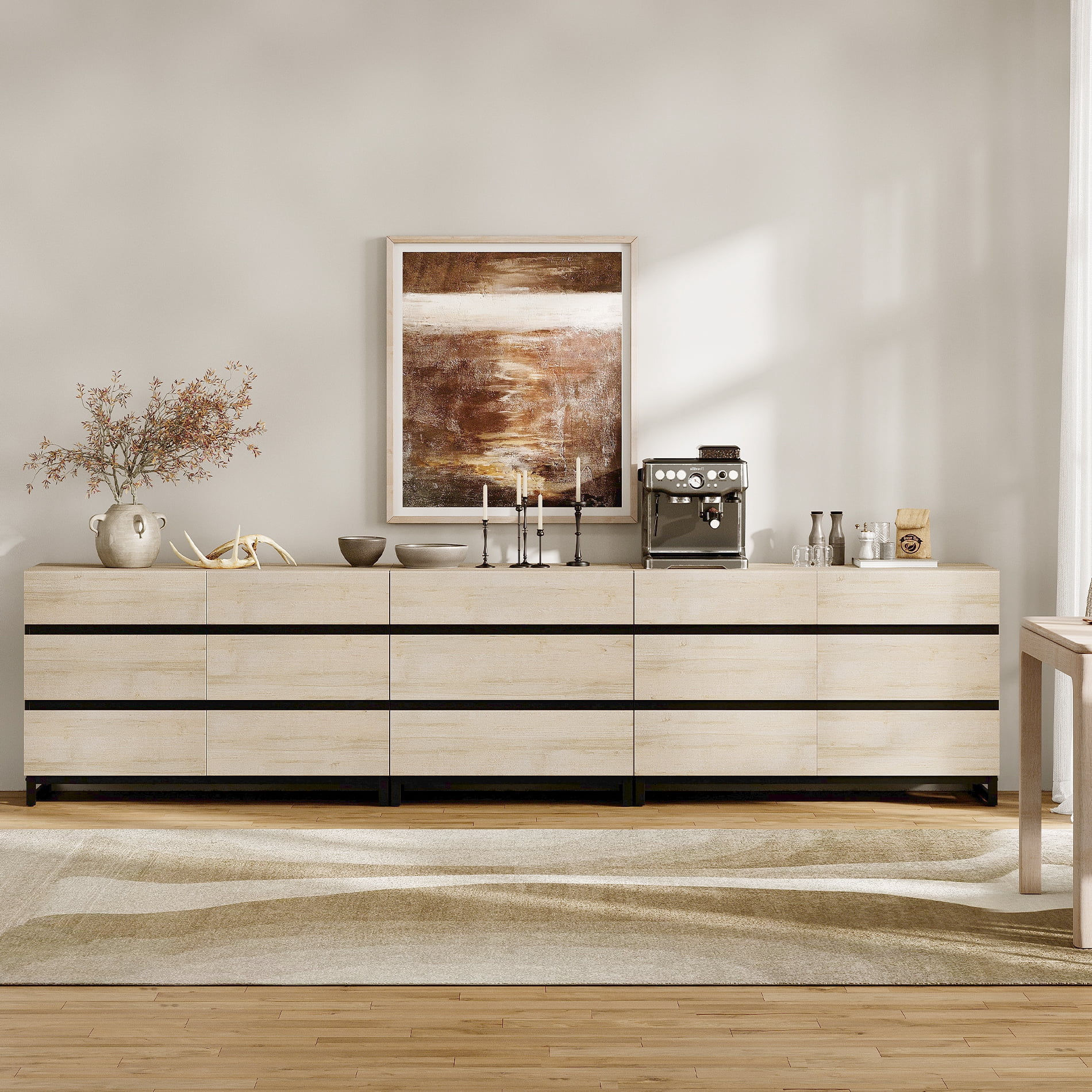 3 In 1 Multifunctional Sideboard Buffet Cabinets With 15 Drawers, Modern Sideboard Credenza With Adjustable Shelf And Metal Base, Coffee Bar Cabinet Storage Cabinet For Living Room, Kitchen