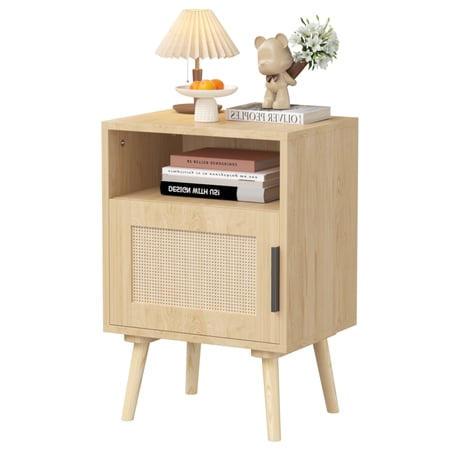 Rattan Nightstand Side Table with Door Open Shelf Accent Bedside End Table with Solid Wood Legs for Bedroom Dorm and Small Spaces