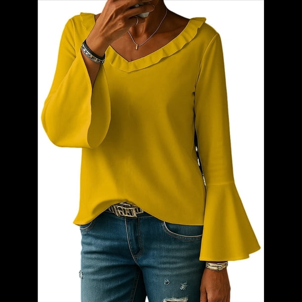 Blusa de Mujer con Volantes, Mangas 3/4, Cuello en V, Informal, para Negocios, y Verano Amarillo M