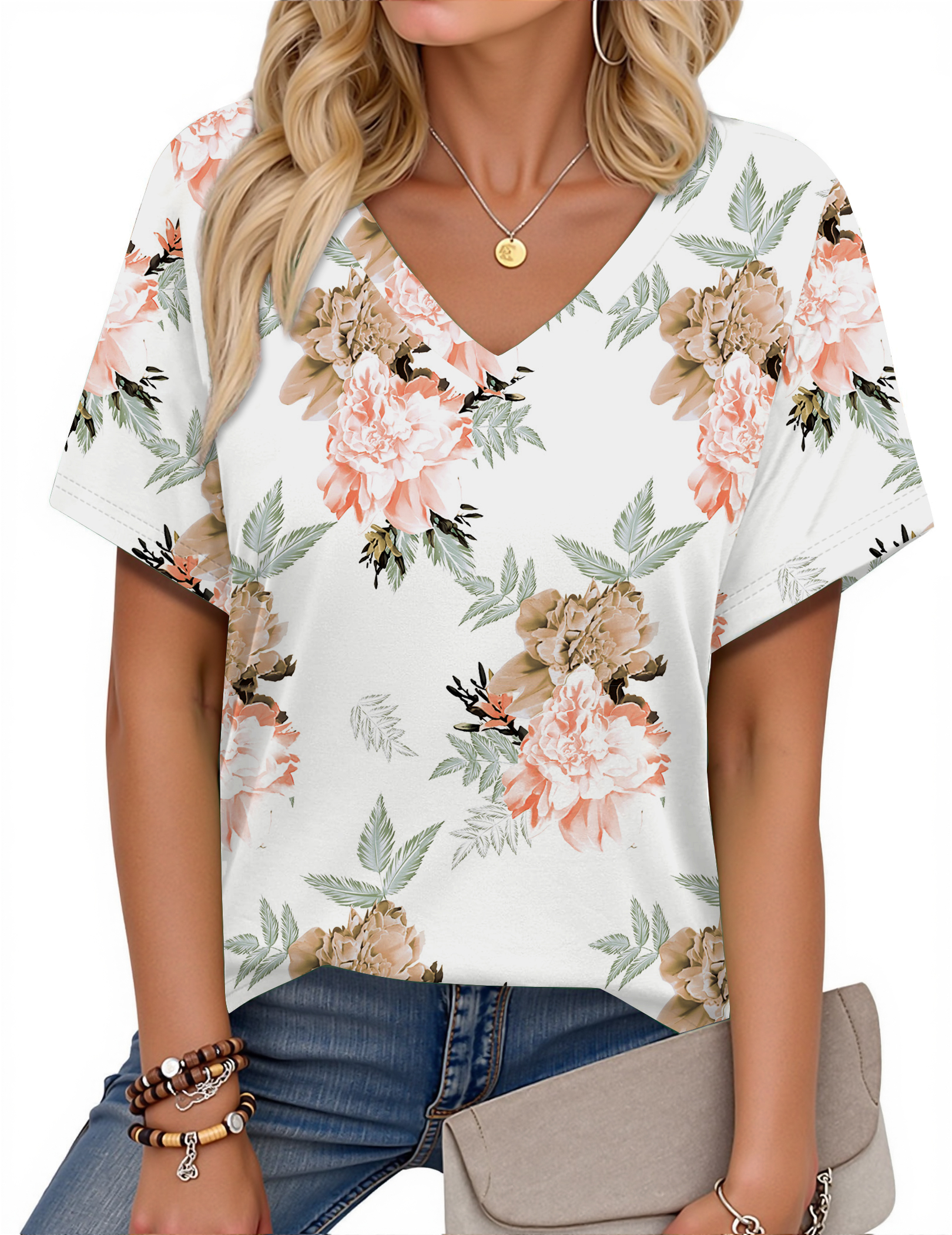 Fantaslook V Neck T Shirts for Women Floral Summer Tops Short Sleeve Shirts Casual Tunic Tops