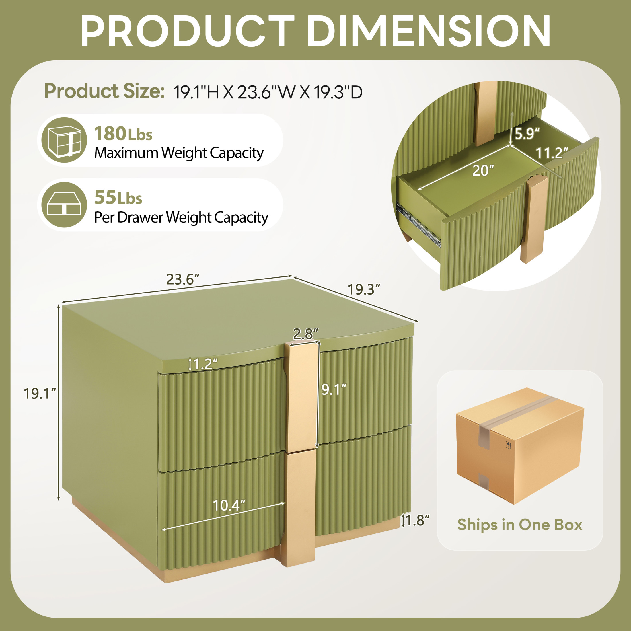 Christopher Knight Home 23.6" Modern Nightstand, 2-Drawer Fluted MDF Bedside Table, Olive Green