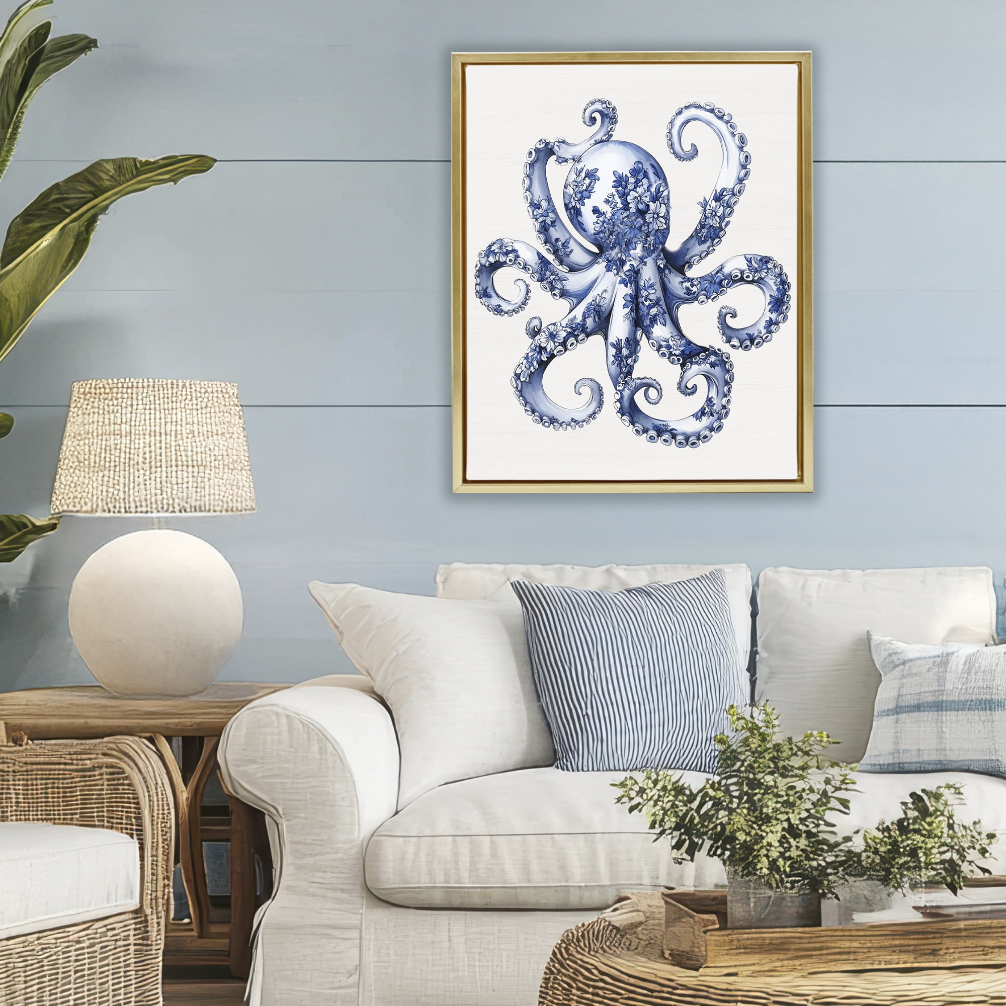 Funky Toile Octopus Gold Framed Floater Canvas Wall Art, design by Lettered and Lined