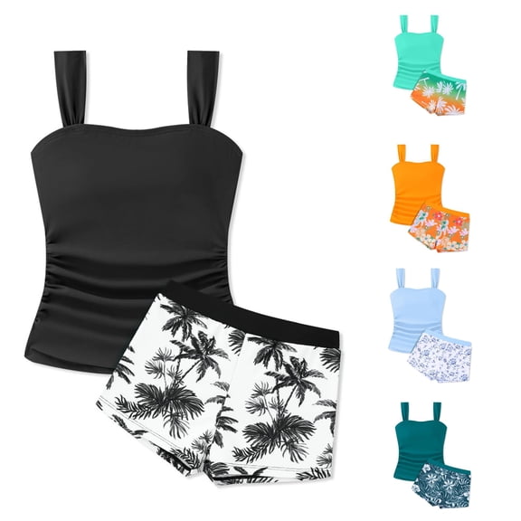 NAFUU Girls Tankini Swimsuits Solid Color Square Neck Tank Tops With Tropical Printed Shorts 2 Piece Bathing Suits For Tween Girls Summer Swimwear Beachwear 11-12 Years