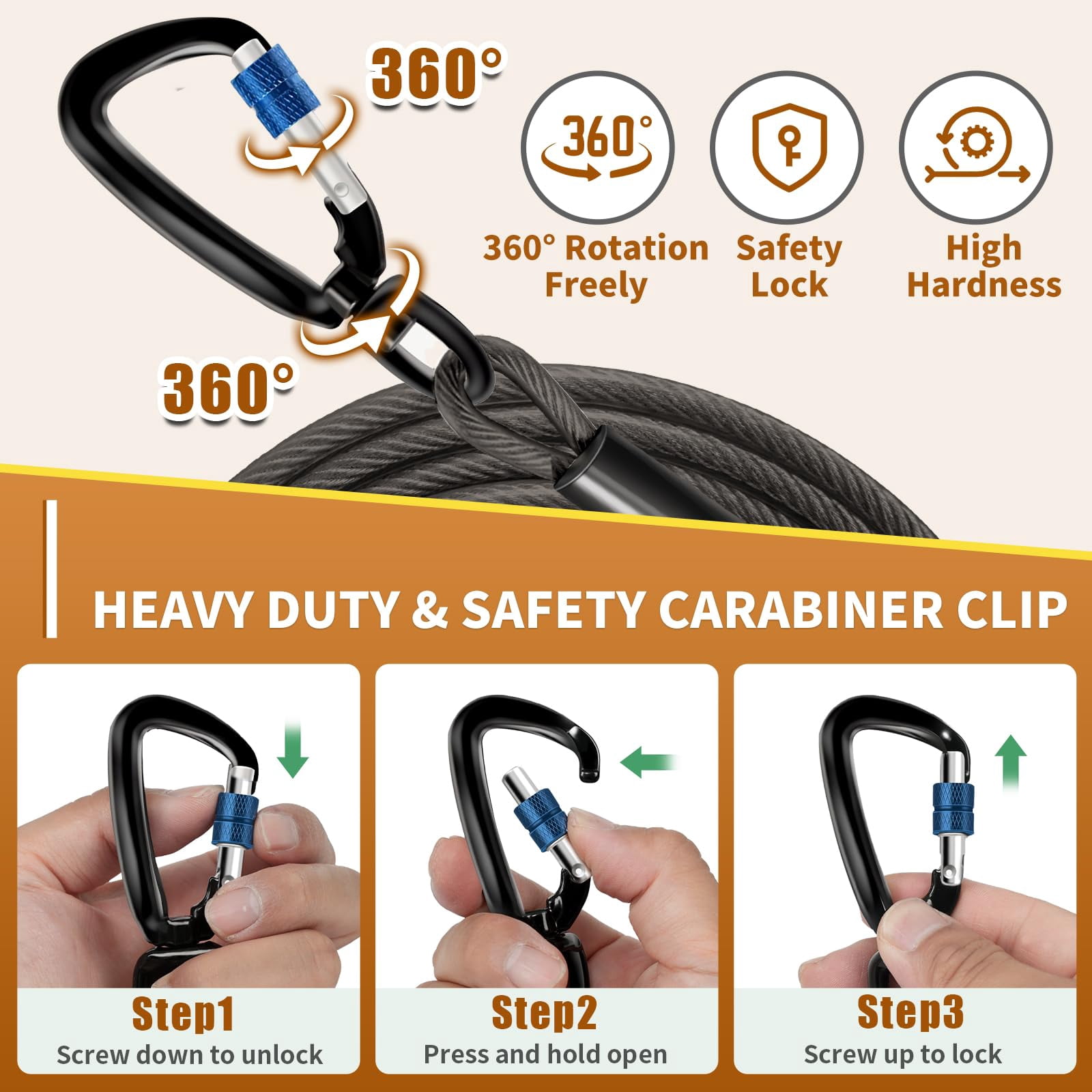 Heavy Duty Dog Tie Out Cable- Dog Leads for Yard & Camping, Rust Proof Leash Cable with Carrying Handle, No Tangle Tether for Medium to Large Dogs Up to 500lbs,20ft,Black