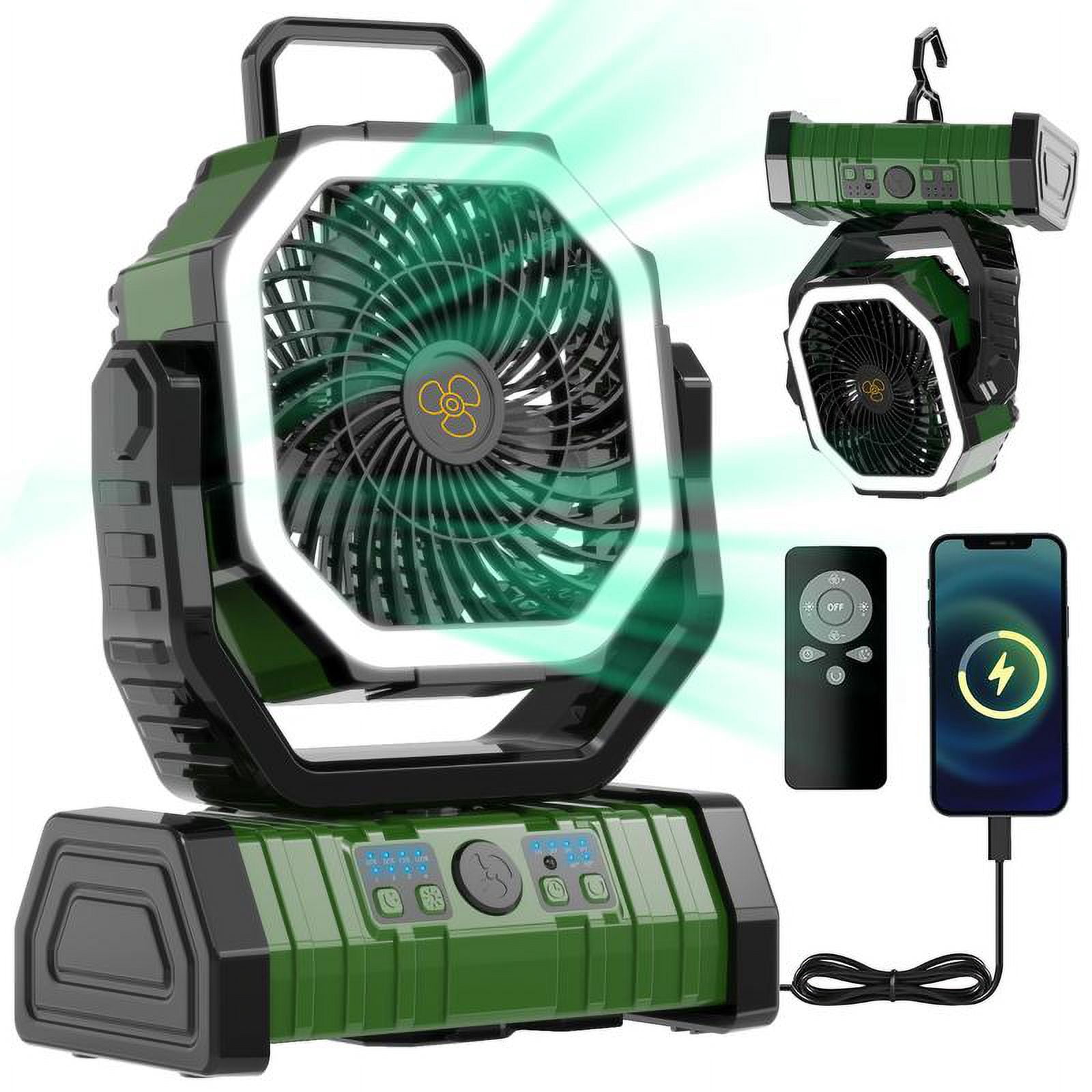 20000mAh Rechargeable Camping Fan with LED Light, Portable Multi-functional Fan with 360° Rotating Hook, Oscillating Emergency Camping Fan